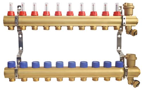 Collecteur laiton brut pre-monte plancher chauffant basse temperature - entrées F26/34 - 10 départs 3/4EK